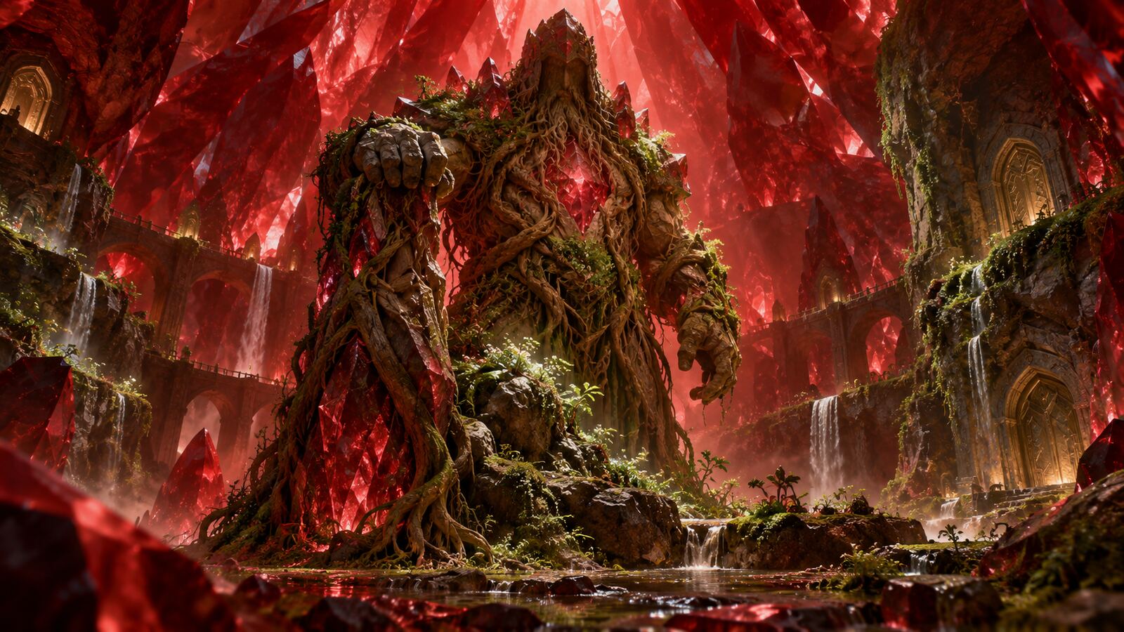 Thardar, the dwarven nature god, envisioned through roots, stone and the red divine gem
