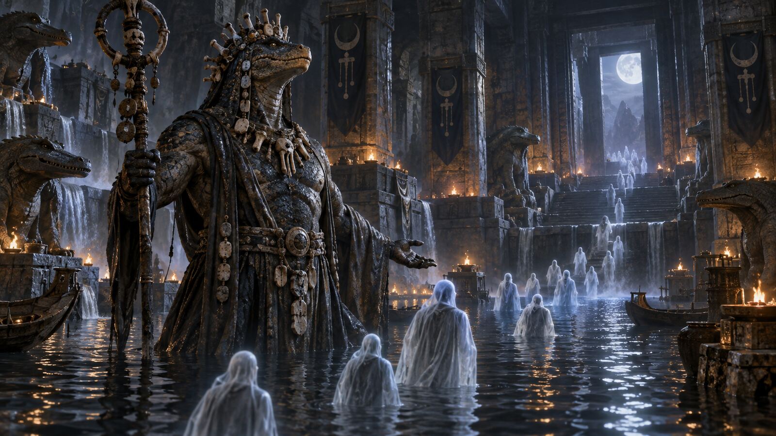 Semunyae depicted as a reptilian god of death within a flooded ziggurat among ancestral spirits