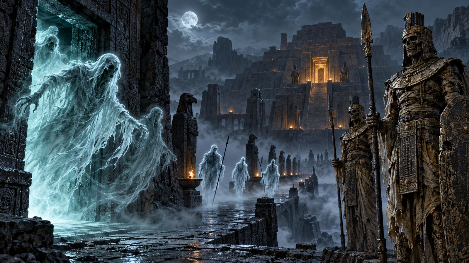 Spectral wraiths and restless spirits near mummy-like desiccated tomb guardians before a ziggurat
